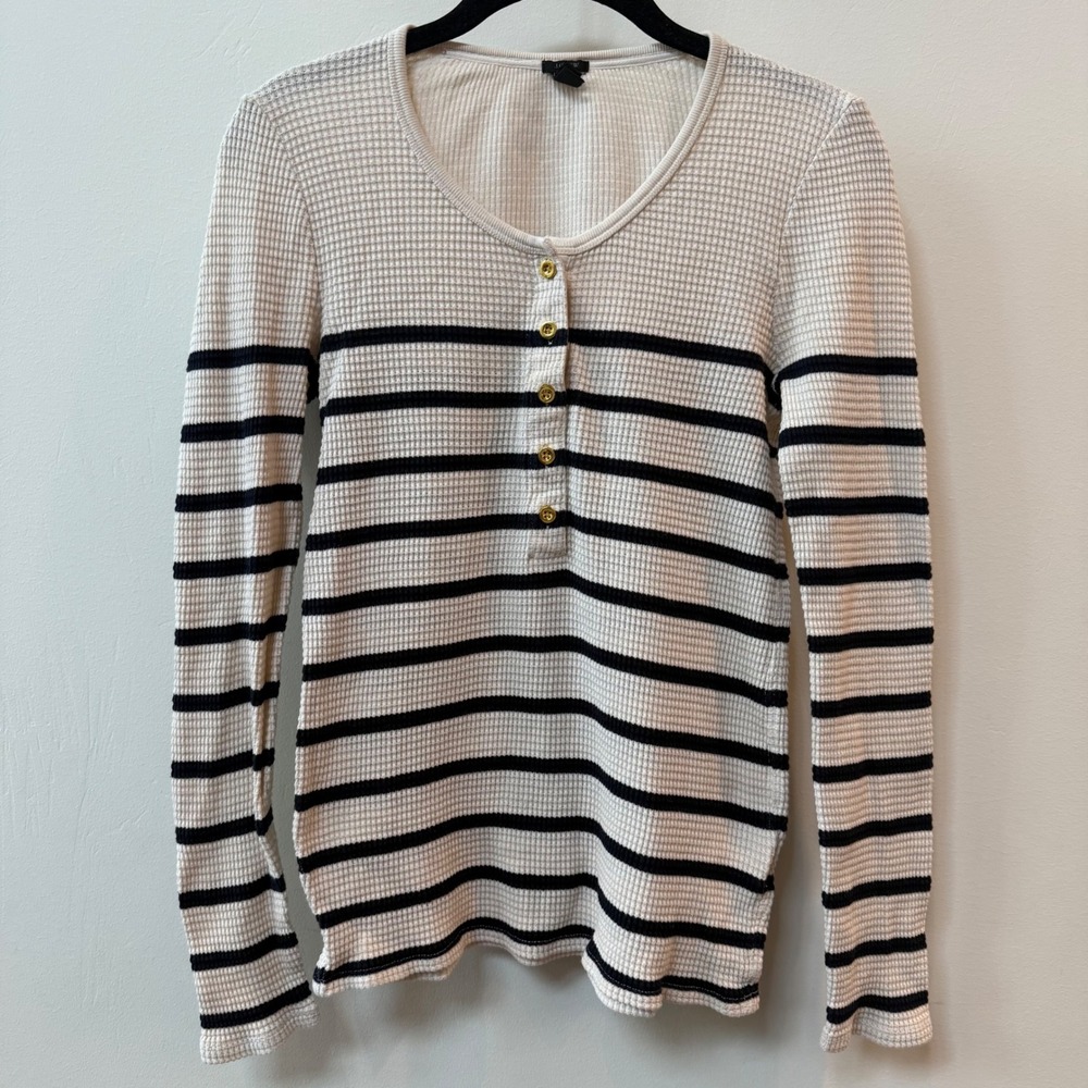 J Crew Henley Shirt Women S Waffle Knit Stripe‎ Minimalist Capsule Heritage Prep